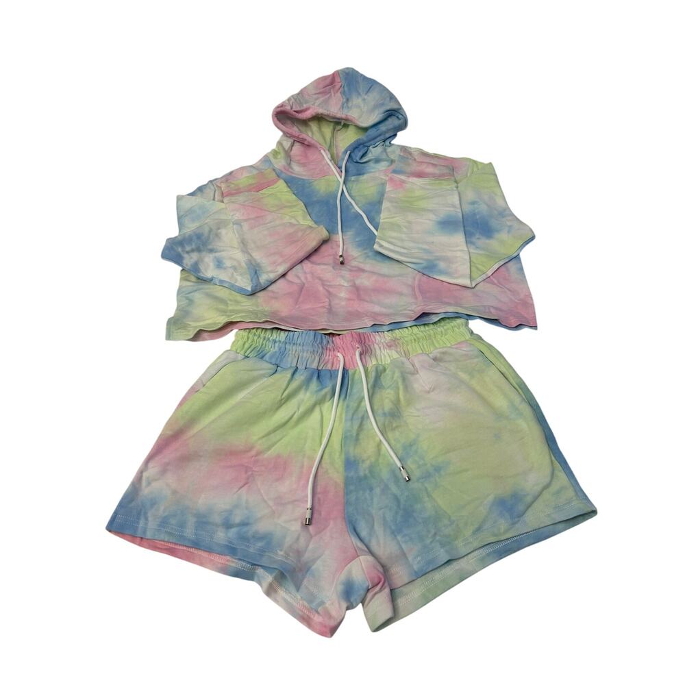 Tie-Dye Short Set Women's Crop Top Hoodie & Shorts Green/Pink/Blue Size Large